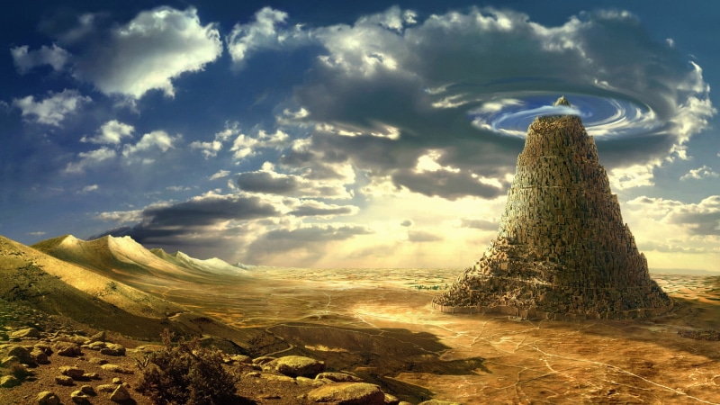 mountain, cloud - sky, sky, Tower of Babel, day, clouds, fantasy art, artwork, land, nature, history, landscape, no people, non-urban scene, solid, tower