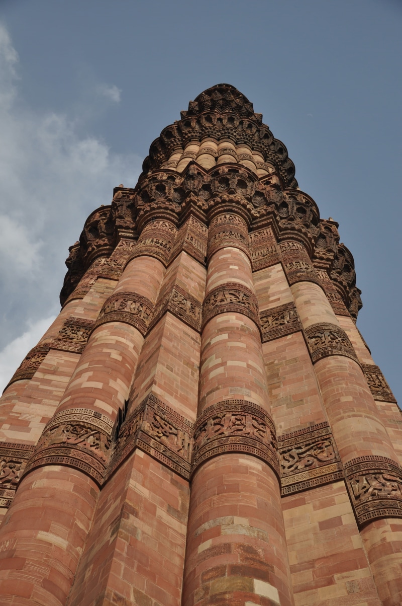 india, landmark, carving, belief, stone, low angle view, pattern, religion, travel, building, cultures, architecture, minar, qutub, heritage, sky, built structure