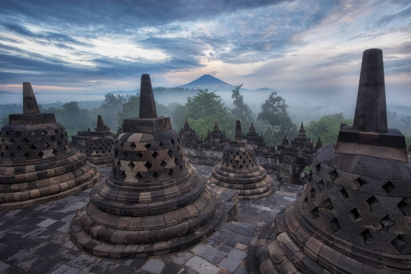 clouds, history, tourism, Borobudur, mountain, 1080P, no people, trees, the sky, building, sky, cloud - sky, carving, fog, architecture and art, nature