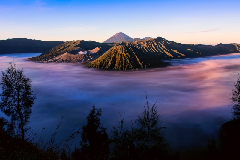 Java, Tengger, morning, volcanic complex-the Caldera TenGer, silhouettes, fog, 1080P, grass, island, the volcano Bromo, Indonesia