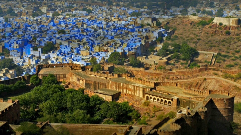 building exterior, tree, cityscape, jodhpur, no people, blue city, outdoors, ancient civilization, day, ancient history, architecture, history, ancient