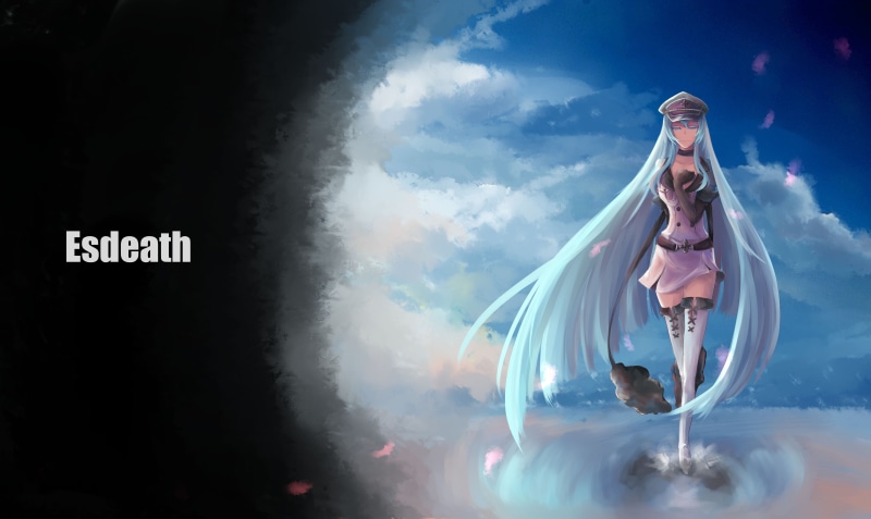 gloves, sixteentime, aqua, clouds, thighhighs, elbow, hair, akame, sky, petals, 5K, esdeath, kill!, long, water