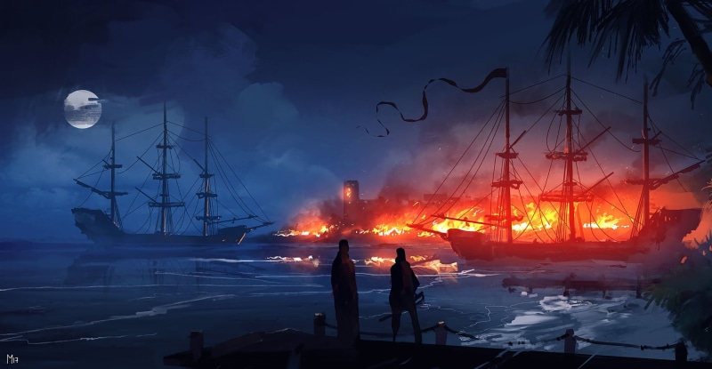 Illustration, Environments, Dominik Mayer, 30 min Speedpainting, 1080P, by Dominik Mayer, Zaton, Night, Concept Art, Tropical Waters, Fort, Port, RAID