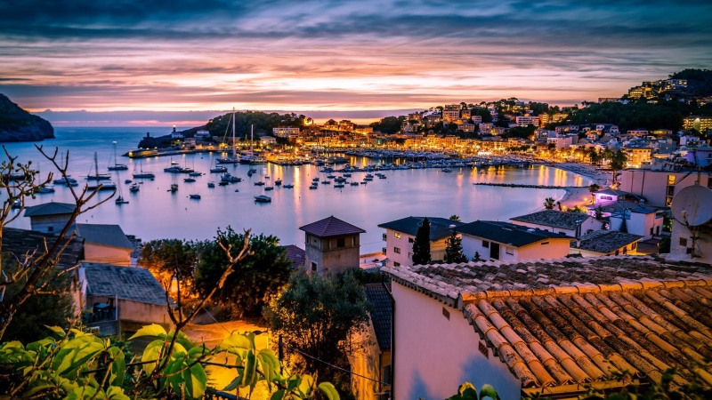 harbour, bay, mallorca, europe, sea, 1080P, balearic islands, horseshoe harbour, spain, port de soller, sunset, dusk, picturesque, evening