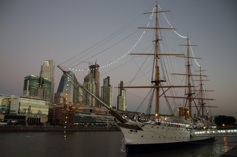office, tall ship, sailing ship, water, no people, transportation, pole, nautical vessel, urban, outdoors, white, Buenos Aires, night, built structure