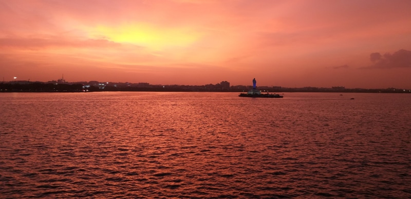 no people, beauty in nature, outdoors, nh44, landscape, transportation, passenger craft, tranquility, sea, hyderabad, dramatic sky, nautical vessel, sunset