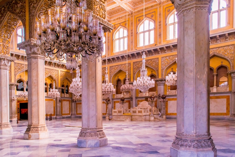 ornate, built structure, lighting equipment, 5K, colonnade, history, travel, luxury, architecture, ceiling, building, building exterior, hyderabad, india