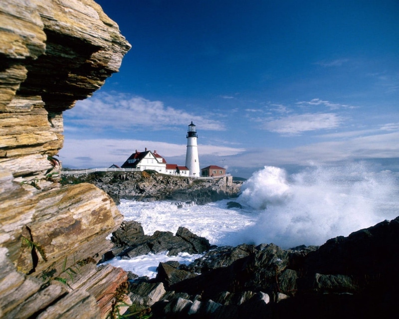 solid, tower, cloud - sky, rock formation, Portland Head Light, white, blue, building exterior, rock, lighthouse, beach, guidance, cliff, outdoors, sky