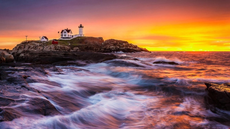 horizon, scenics - nature, rocky coastline, tower, usa, motion, rock - object, ocean, promontory, maine, 1080P, lighthouse, headland, cape neddick lighthouse