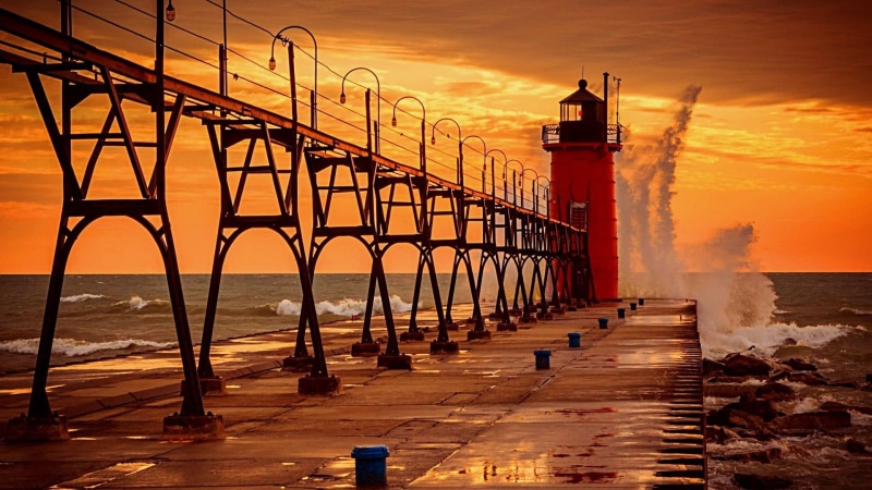 united states, grand haven, lighthouse, waves, usa, 1080P, michigan