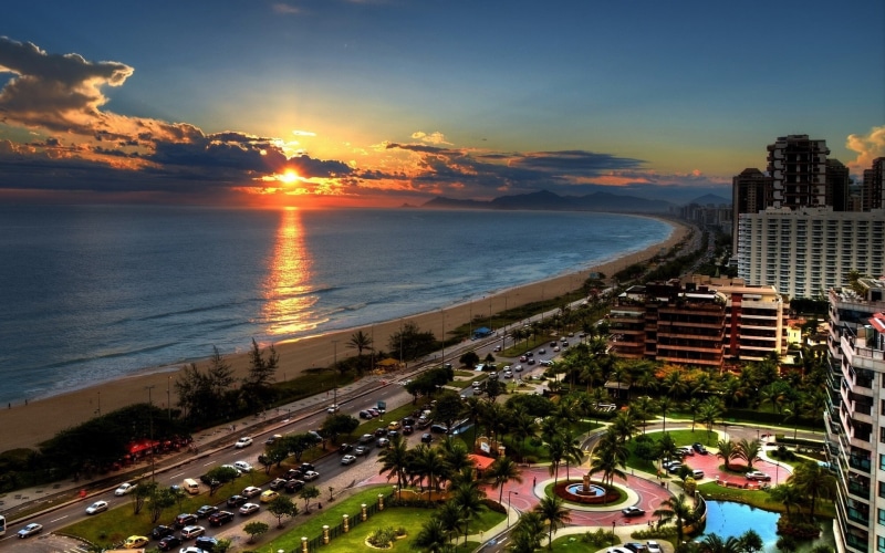clouds, sea, 1080P, Rio de Janeiro, city, road, hotel, Brazil, sunset, palm trees, car