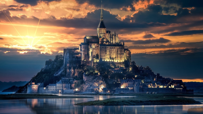 Island, saint, place of worship, religion, reflection, tower, architecture, Mont-Saint-Michel, built structure, 5K, travel destinations, cloud - sky, waterfront