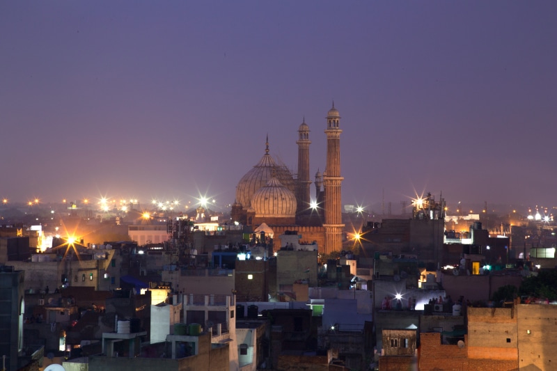 office building exterior, sky, skyscraper, no people, muslim, belief, india, illuminated, night photography, indo-islamic architecture, chandni chowk, travel destinations