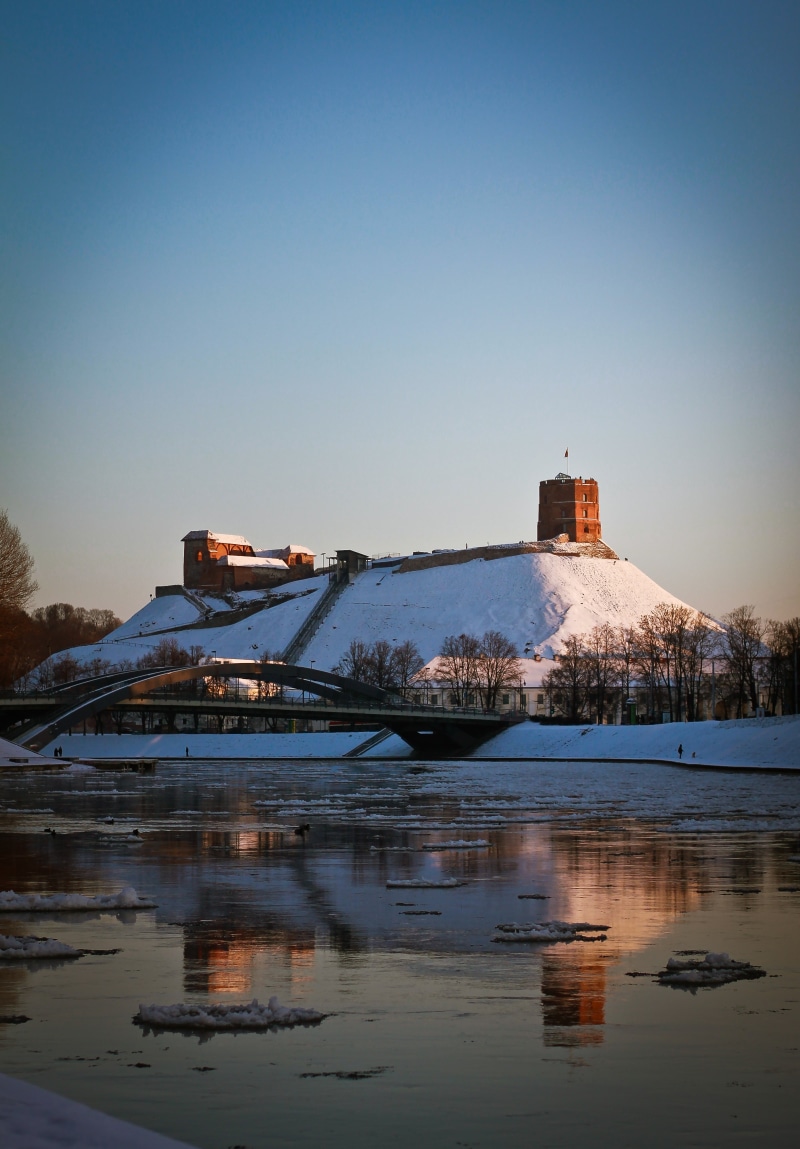 Lithuania, snow, blue, reflection, lights, winter, 4K, clear sky, Vilnius, building, castle, copy space, beauty in nature, water, cold temperature, evening