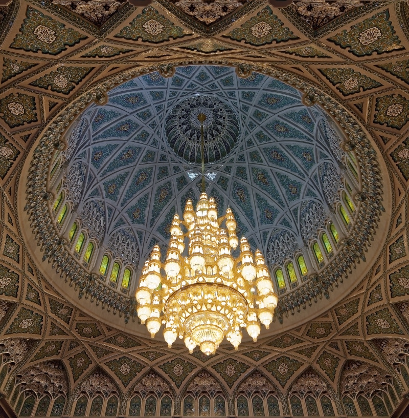 pattern, lighting equipment, sultan qaboos grand mosque, design, arch, creativity, religion, indoors, dome, muscat, art and craft, glass, building, travel destinations