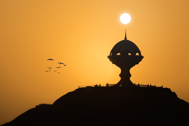 dome, built structure, sky, building exterior, vertebrate, silhouette, nature, orange, no people, place of worship, 5K, middleeast, sun, outdoors, animal