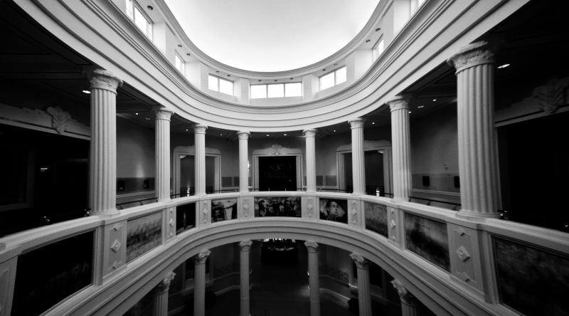 Black and White, day, travel, ceiling, illuminated, Texas, Cow Girl Hall of Fame, columns, 2011, low angle view, concrete, dmu dallas, United States of America