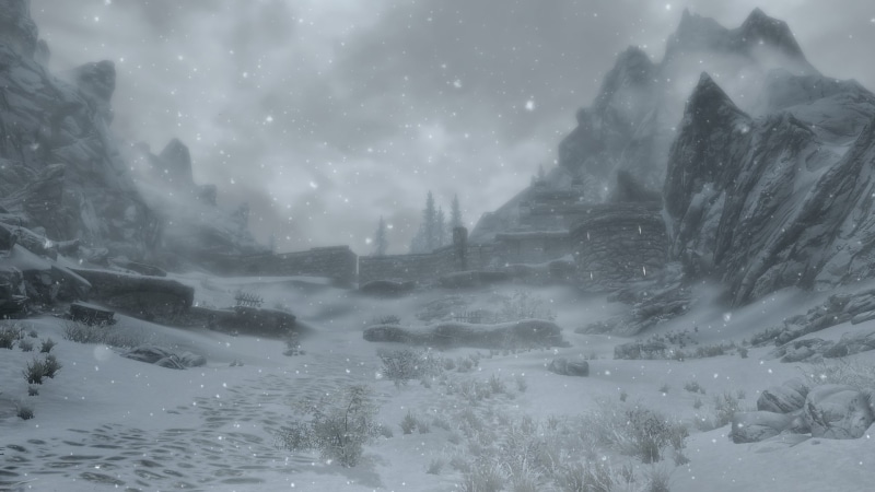 tree, beauty in nature, nature, blizzard, tranquil scene, outdoors, 1080P, fog, day, cold temperature, mountains, winter, environment, covering, The Elder Scrolls V: Skyrim