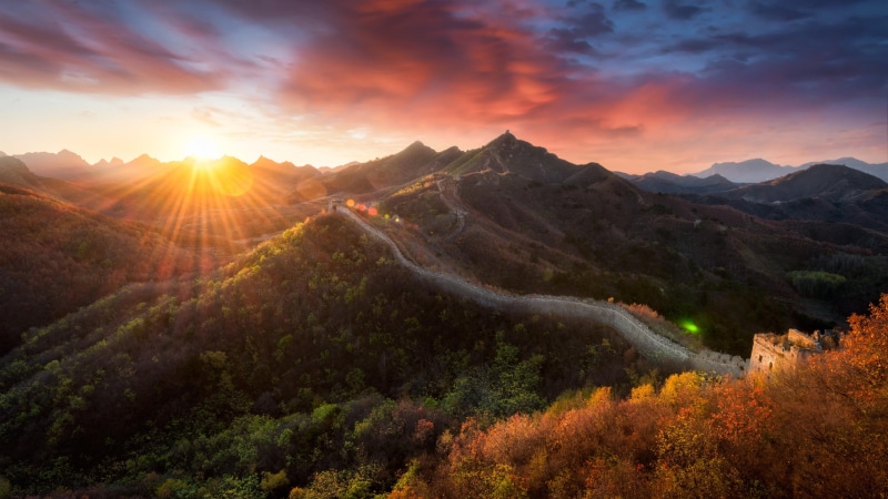 no people, tranquil scene, beauty in nature, cloud - sky, sunset, sunlight, jiankou, orange color, tranquility, china, mountain, castle, great wall, wall