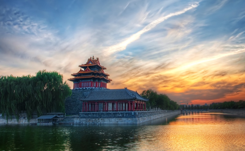 sky, Forbidden, gray, waterfront, religion, red, outdoors, water, Asia, orange color, City, 5K, forbidden city, sunset, beijing, built structure, architecture