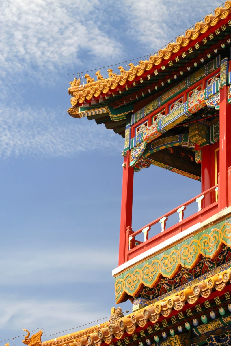 temple, palace, outdoors, ornament, day, cloud - sky, building exterior, multi colored, low angle view, dragon, sky, nature, 2K, no people, building, red