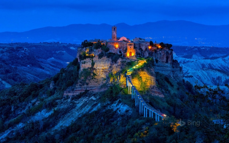 lights, rock, 1080P, Italy, tower, night, village, Civita di Bagnoregio