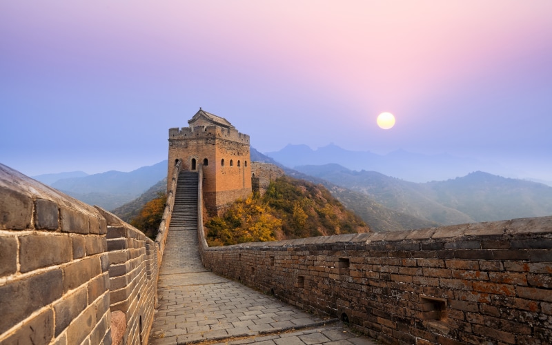 purple, sunset, perspective, great, jinshanling, photography, wall, nature, 5K, china, sunrise, landmarks, brown, sky, thegreatwallofchina, architecture