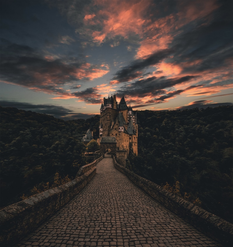 sunset, sky, trees, magical, 5K, architecture, burg, the way forward, the past, no people, place of worship, direction, built structure, eltz, history
