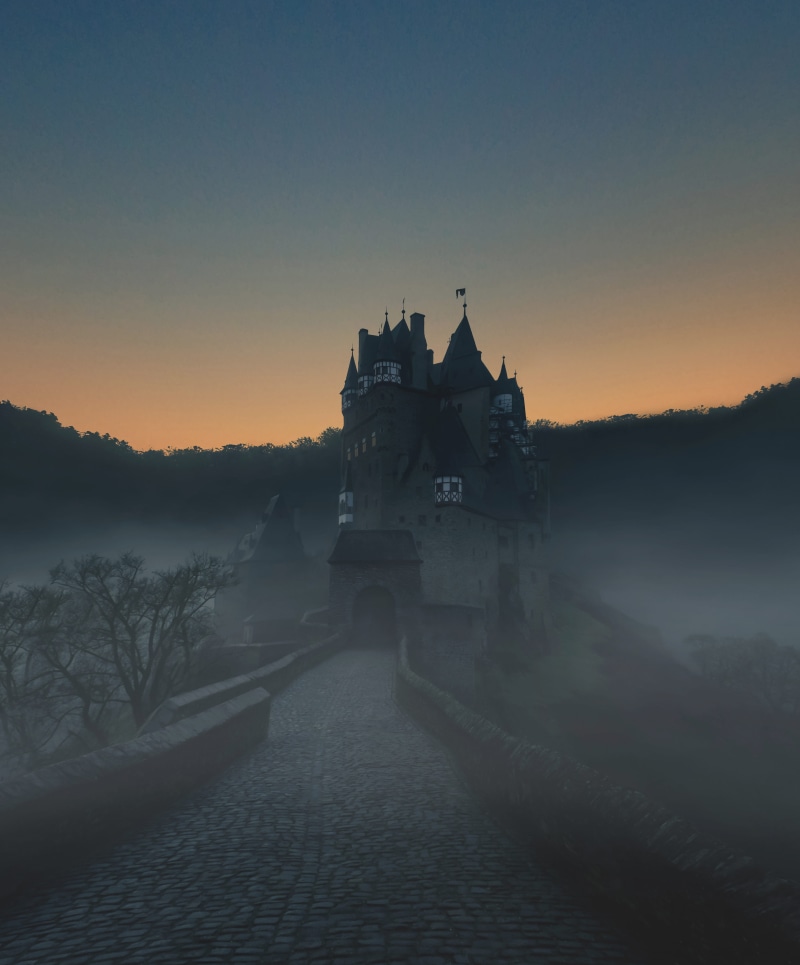 sky, orange color, copy space, lake, belief, bridge, nature, clear sky, no people, history, sunset, fog, eltz, building, the past, surrounded, built structure