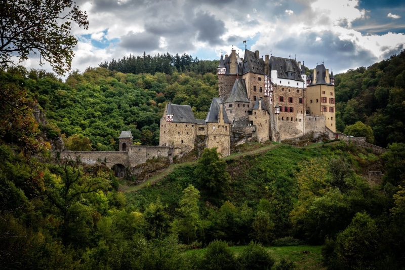 forest, trees, 1080P, castle, nature, Burg Eltz, mountains, the sky, Germany, clouds