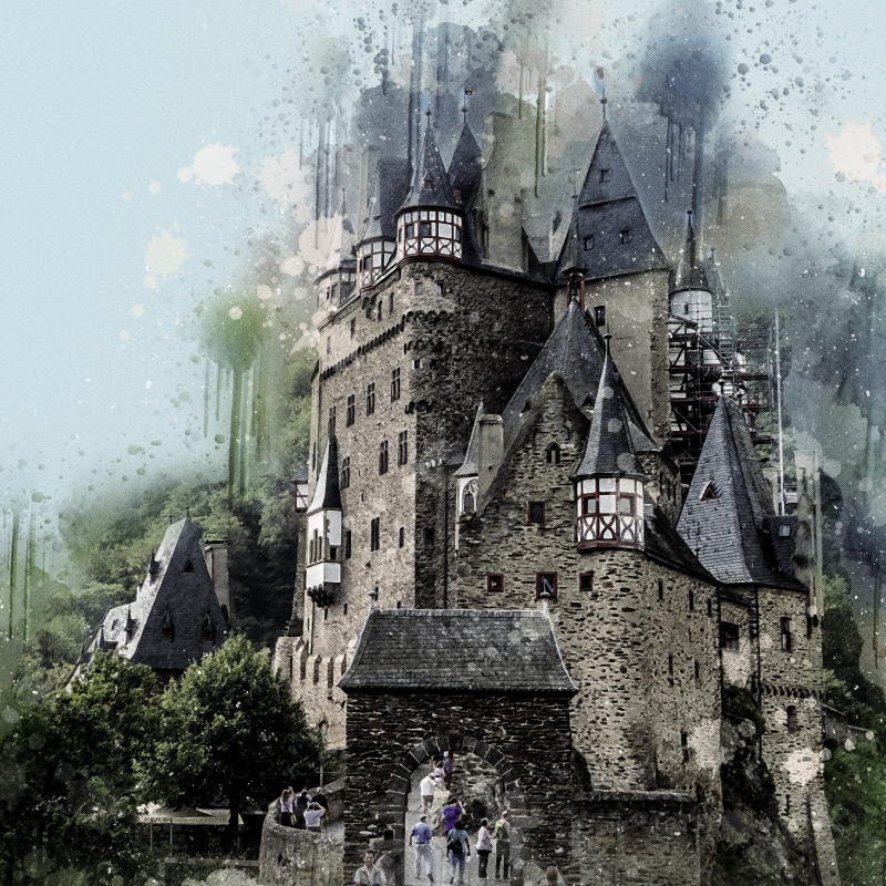 water, burg eltz, group of people, building exterior, historic, sky, people, photo art, castle, places of interest, antique, knights castle, digital manipulation