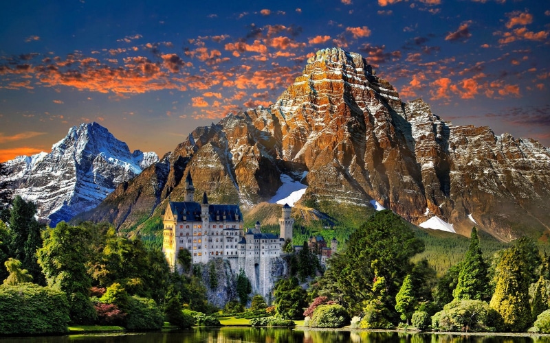 white, Mountains, Castle, 1080P, Sunset, Sky, photo, rocky, concrete, Neuschwanstein, mountain, Trees, near, Clouds, Lake