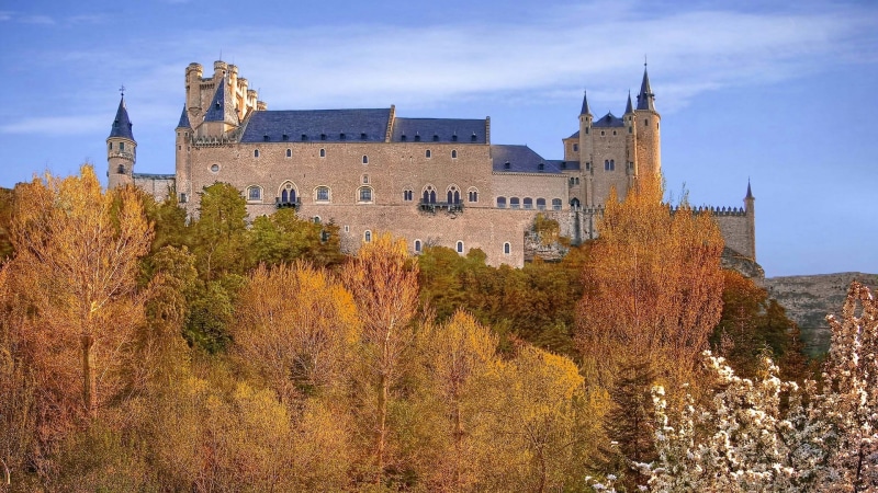 nature, ancient, trees, 1080P, Segovia, building, forest, castle, clouds, fall, landscape, Spain, tower