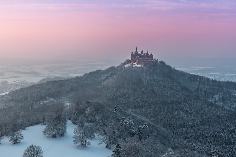 tree, built structure, cold temperature, religion, scenics - nature, spire, nature, sky, Burg Hohenzollern, castle, winter, travel destinations, spirituality