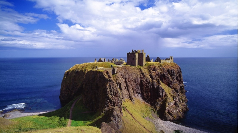 UK, rock, Dunnottar Castle, nature, horizon, clouds, 1080P, cliff, coast, architecture, Scotland, tower, ruin, ancient, castle, sea, grass, landscape