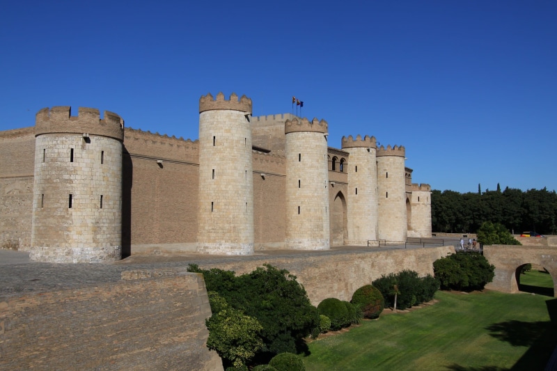 architecture, 1080P, old, culture, destination, history, built structure, castle, sunshine, travel Locations, blue, Aljaferia, monuments, landscape, nature