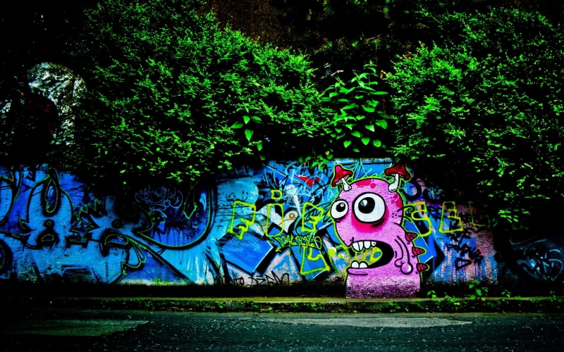mural, fun, street art, day, grunge, colorful, dark, park, no people, wall, multi Colored, nature, surrounding wall, growth, wall - building feature, graffiti