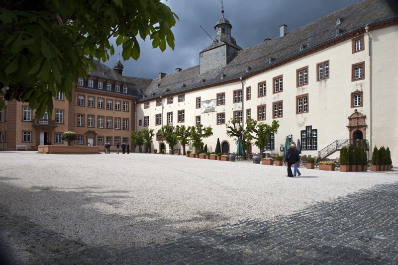 building, Schloss, residential district, city, schloss bad berleburg, architecture, the past, pollarded trees, built structure, plant, street, window, historic