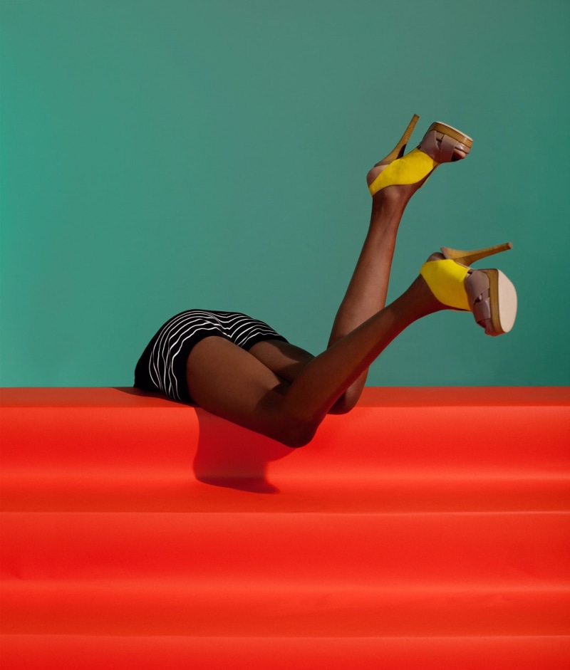 colored background, beautiful woman, side view, young adult, legs, red, high heels, yellow, full length, adult, minimalism, 1080P, women, indoors, human leg