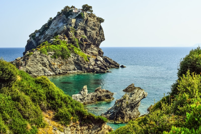 mamma mia, greek, tranquil scene, landscape, no people, morning, tranquility, solid, outdoors, cliff, greece, horizon over water, horizon, sea, 5K, stack rock