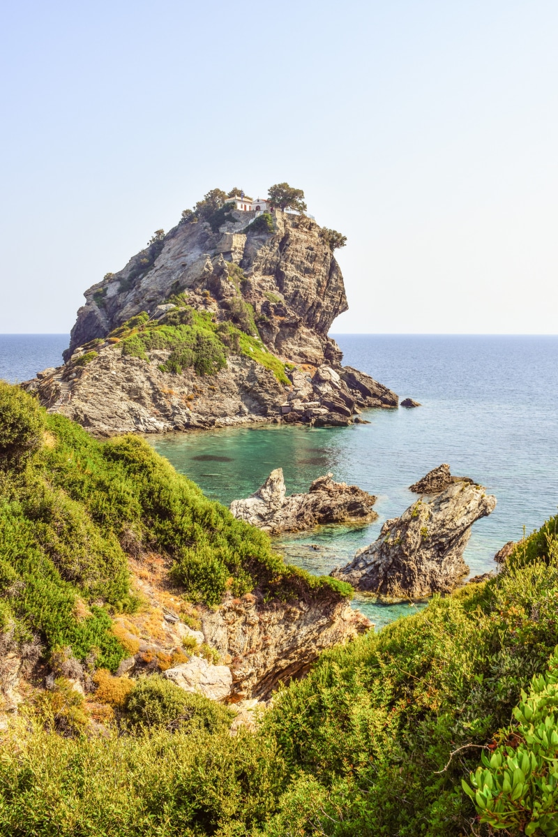 sky, horizon, rock - object, ayios ioannis, scenics - nature, land, outdoors, morning, plant, nature, religion, church, mamma mia, horizon over water, rock