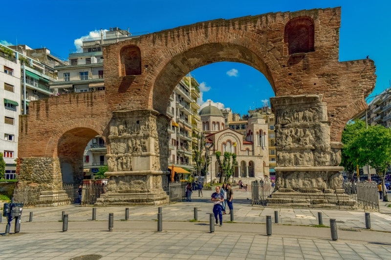 salonica, group of people, incidental people, travel destinations, macedonia, day, sky, arch of galerius, arch, history, outdoors, building exterior, heritage