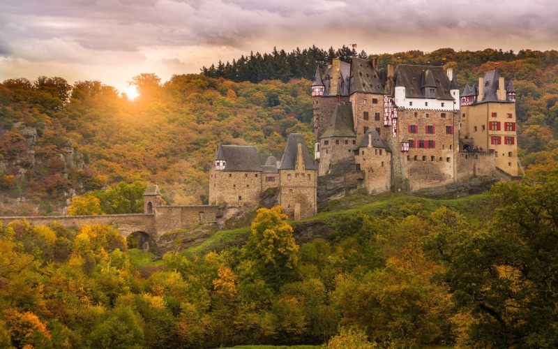 1080P, castle, plant, nature, eltz castle, no people, history, building exterior, old, built structure, travel destinations, sunset, autumn, tree, sky