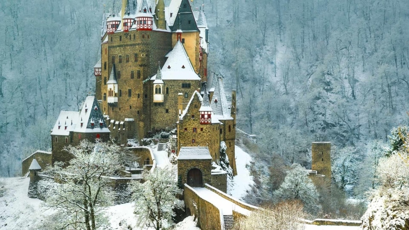 outdoors, winter, 1080P, building exterior, extreme weather, nature, mode of transportation, cold temperature, building, nature castle eltz castle germany
