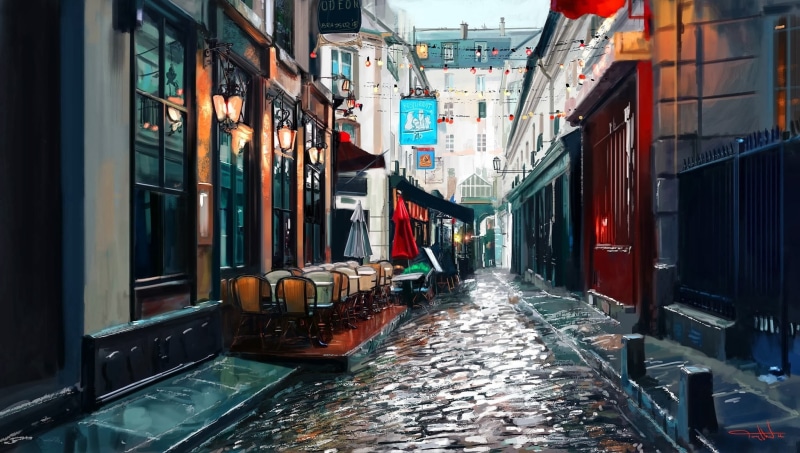 wall, architecture, chair, building, street, cobblestone, black, water, Paris, alley, nature, painting, window, illuminated, building exterior, lantern