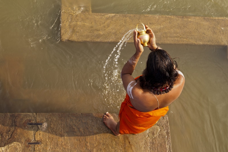 hairstyle, ganges, leisure activity, nature, safron, 5K, ghat, beauty, sadhu, one person, sunrise, full length, sun, holy, pilgrim, religious, water, varanasi