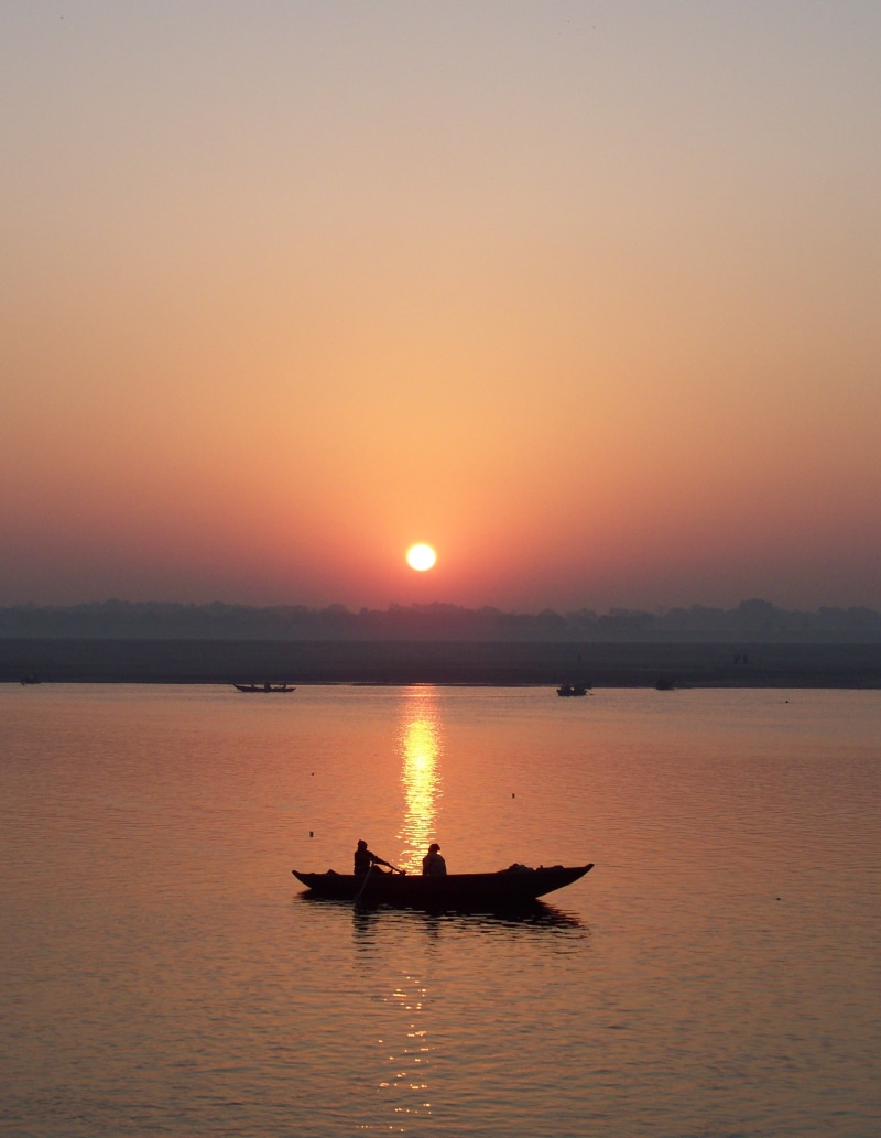 transportation, orange color, mode of transportation, varanasi, sunset, sky, lake, 2K, boating, river, one person, waterfront, leisure activity, outdoors