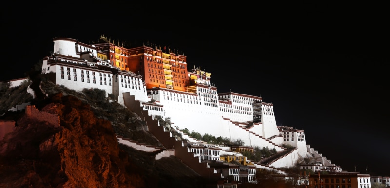 illuminated, architecture, history, the magnificent, Potala Palace, city, sky, built structure, nature, 5K, Night, outdoors, building exterior, the solemn