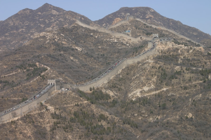 sky, mountain range, remote, great wall, 2K, no people, day, great wall of china, high angle view, tranquility, border, mountain, nature, landscape, beauty in nature