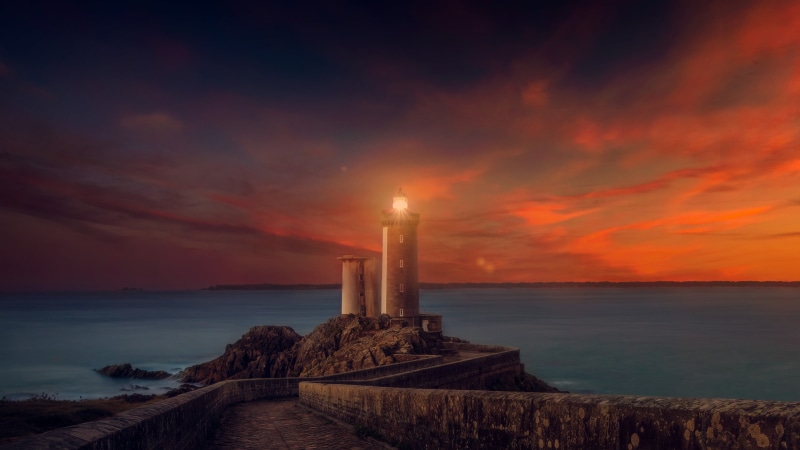no people, mattress, direction, bed, built structure, brown, tower, building, water, lighthouse, sunset, horizon over water, scenics - nature, wooden, beauty in nature